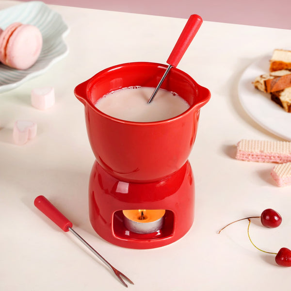 Red Mini Fondue Set With 2 Dipping Forks