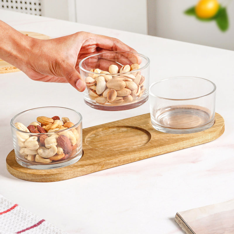Snack Bowls Set Of 3 With Acacia Wood Tray
