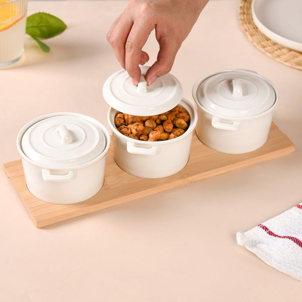 Small Ceramic Bowl Set Of 3 With Bamboo Tray 250ml