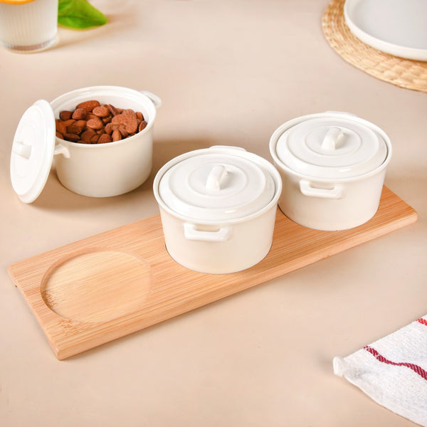 Small Ceramic Bowl Set Of 3 With Bamboo Tray 250ml