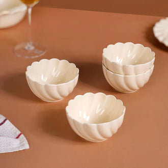 Set of 4 Scallop Vanilla White Ceramic Bowls 300ml - dessert bowls, serving bowls set, snack bowls, icecream bowls, ceramic bowls