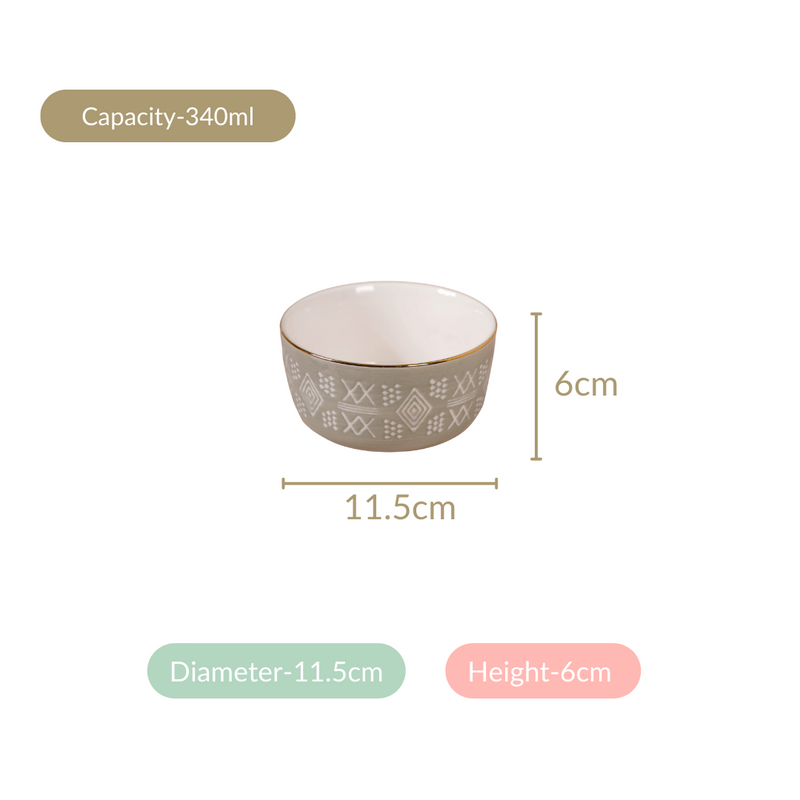 Azo Ceramic Side Snack Bowl Grey Set Of 4 340ml - Snack bowls, ceramic bowls, serving bowls, soup bowls, snack bowl set