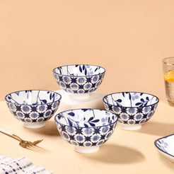 Blue Print Ceramic Snack Bowls Set Of 4 300ml- bowl sets, serving bowls set, pink bowls, printed bowls, big bowl sets, serving dishes, serving bowls