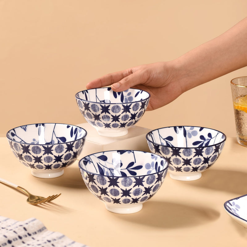 Blue Print Ceramic Snack Bowls Set Of 4 300ml- bowl sets, serving bowls set, pink bowls, printed bowls, big bowl sets, serving dishes, serving bowls