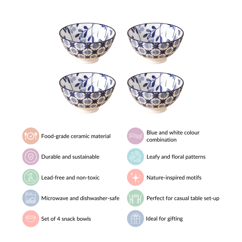 Blue Print Ceramic Snack Bowls Set Of 4 300ml- bowl sets, serving bowls set, pink bowls, printed bowls, big bowl sets, serving dishes, serving bowls