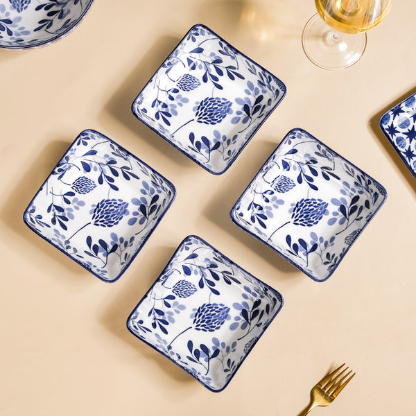 Set Of 4 Blue Blossom Square Snack Dishes 600ml