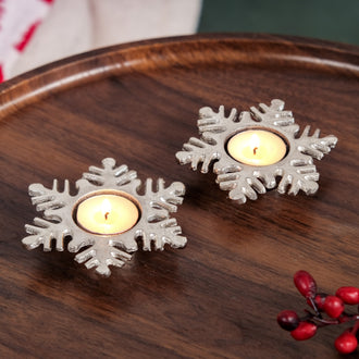 Set Of 2 Silver Snowflake Tea Light Candle Holder