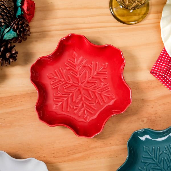 Set Of 3 Snowflake Ceramic Snack Plates