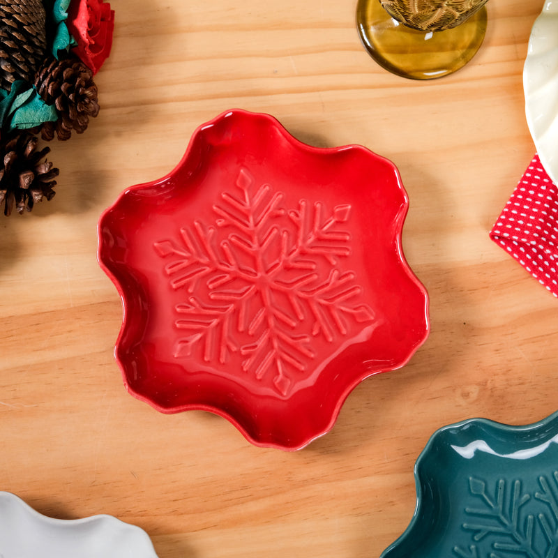 Set Of 3 Snowflake Ceramic Snack Plates