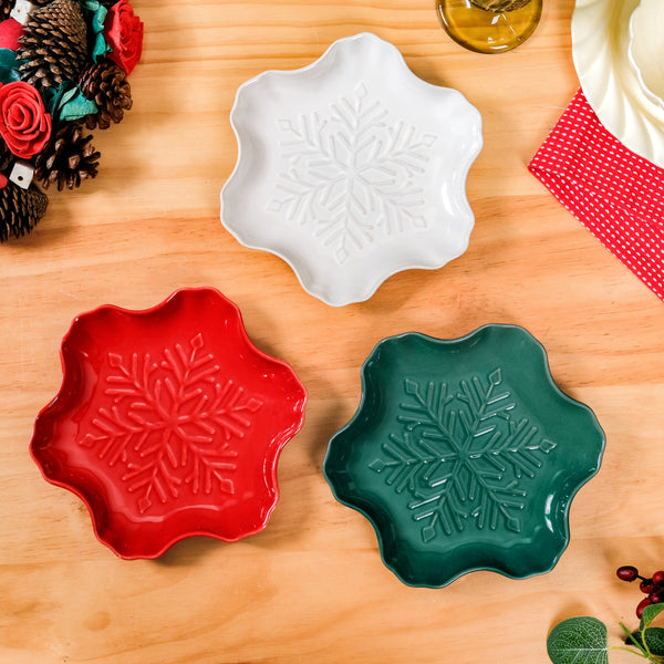 Set Of 3 Snowflake Ceramic Snack Plates