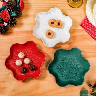 Set Of 3 Snowflake Ceramic Snack Plates