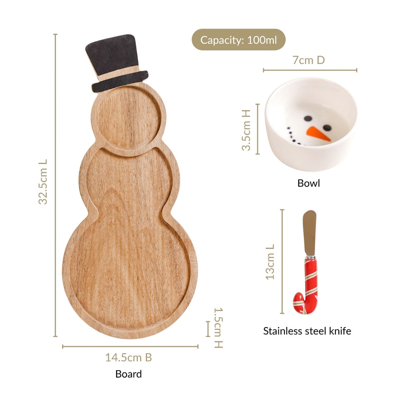 Snowman Bowl Board And Knife Set Of 3