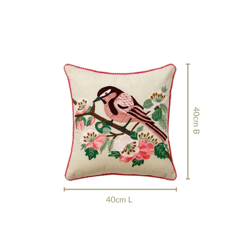 Songbird Bloom Embroidered Cushion Cover 40X40cm