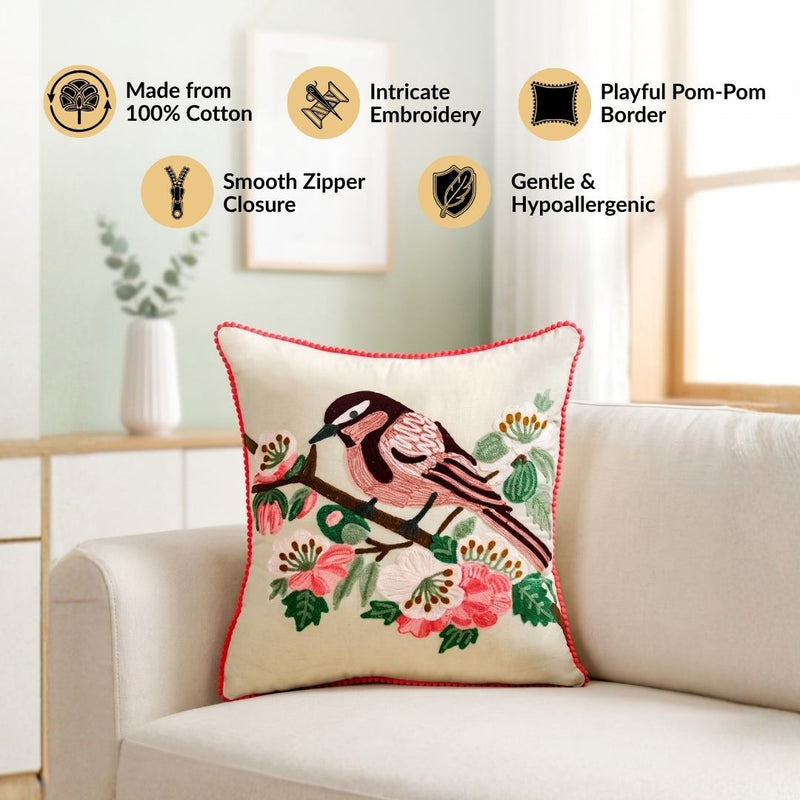 Songbird Bloom Embroidered Cushion Cover 40X40cm
