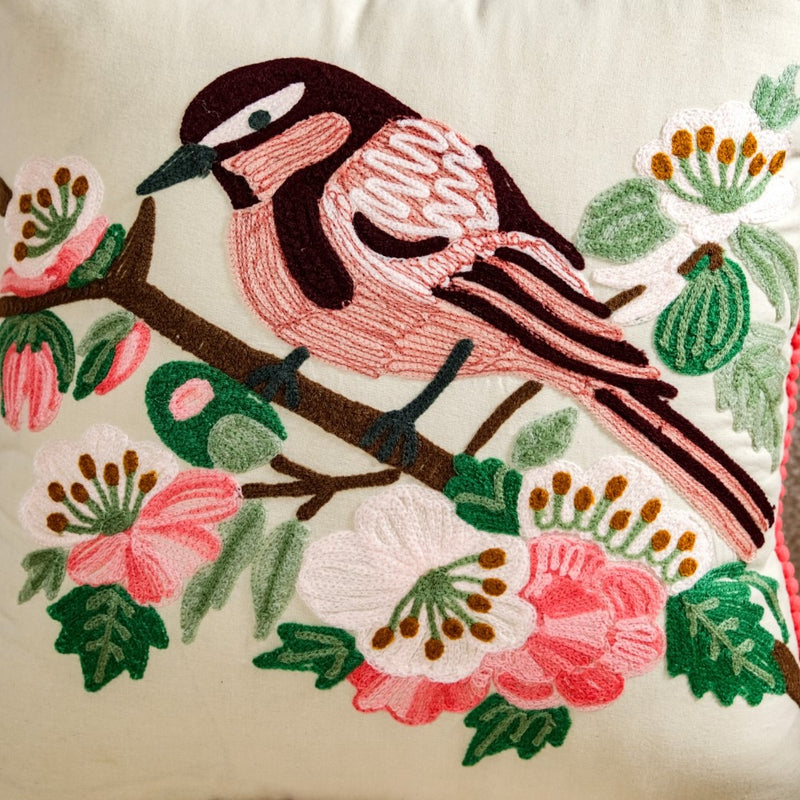 Songbird Bloom Embroidered Cushion Cover 40X40cm