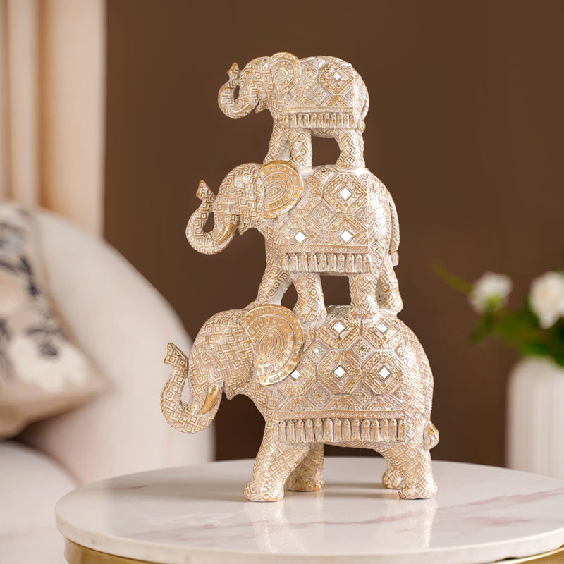 Elephant Family Pyramid With Mirrorwork White- Mirrorwork Decor, White Elephant Figurine, Decorative Elephant Pyramid, Elephant Family Sculpture