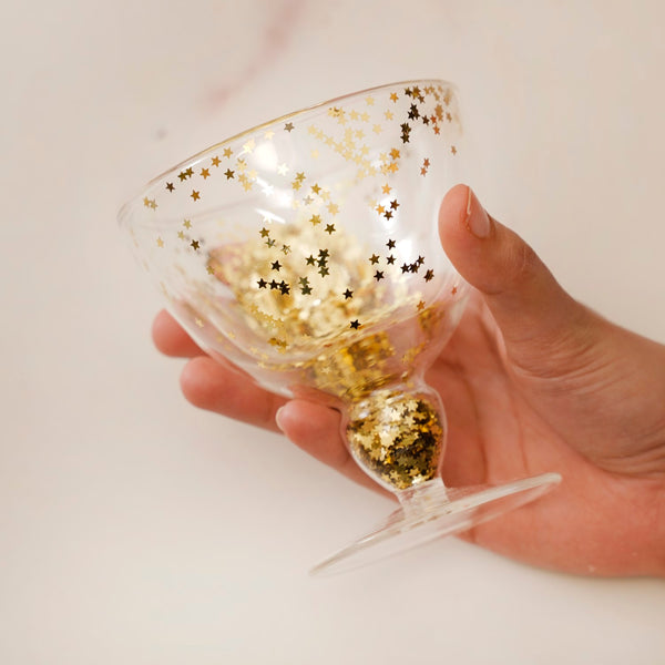 Set Of 2 Gold Confetti Filled Double Walled Wine Glass Goblet 250ml