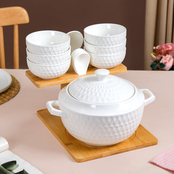 White Ceramic Pot And Bowl Set With Spoons And Wooden Stand