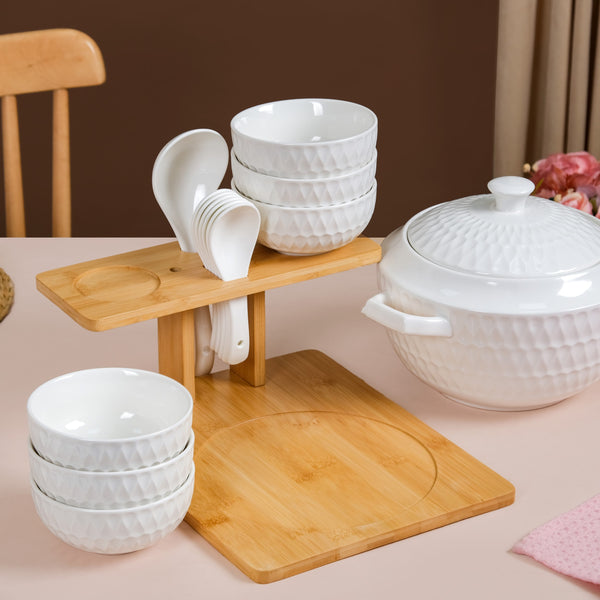 White Ceramic Pot And Bowl Set With Spoons And Wooden Stand