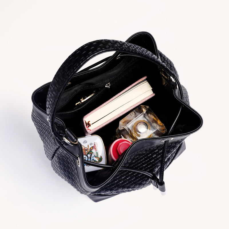 Basket Weave Bucket Handbag For Women Black