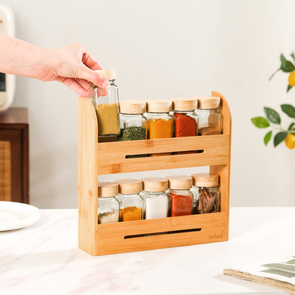 Set Of 10 Glass Jars With Wooden Storage Rack For Kitchen