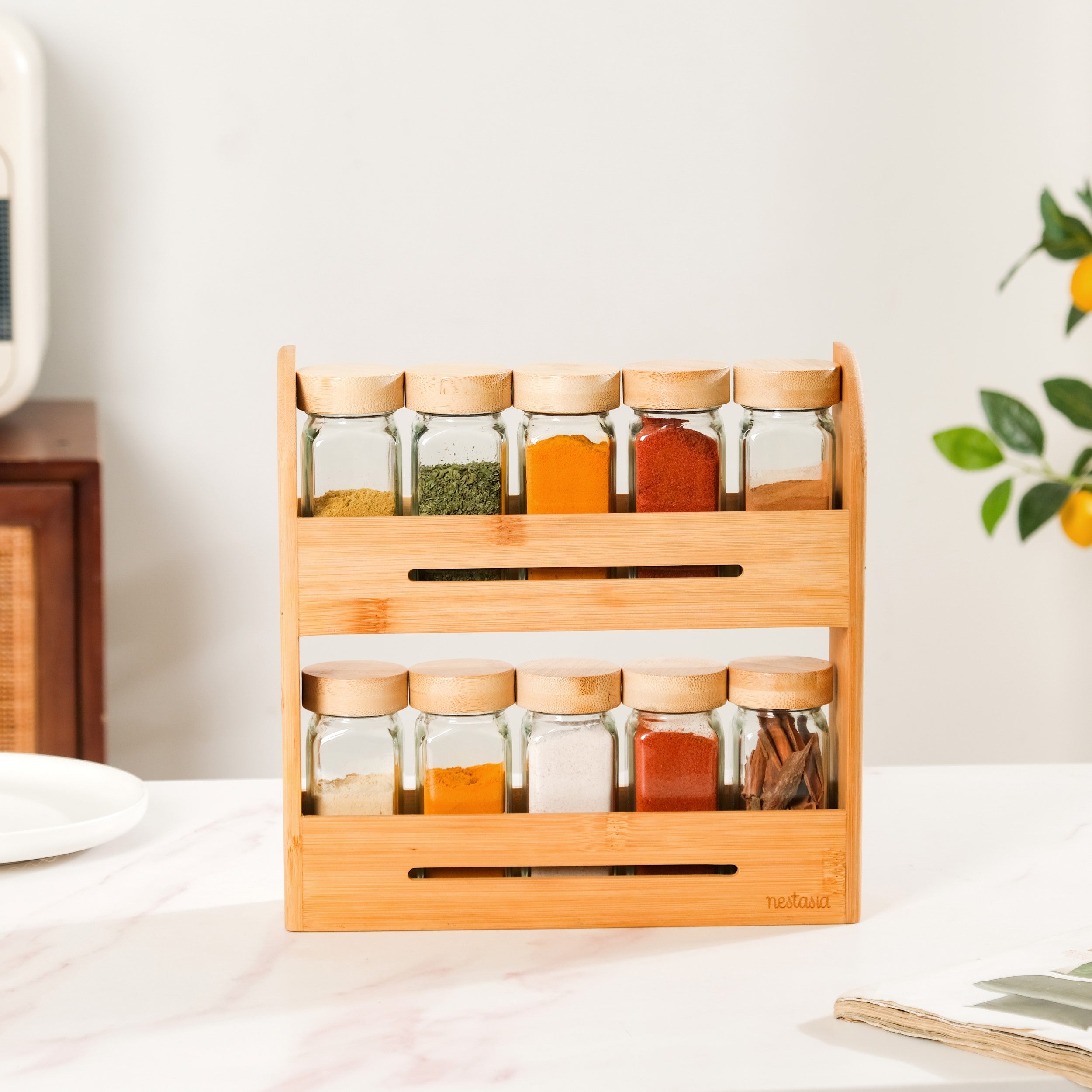 Set Of 10 Glass Jars With Wooden Storage Rack For Kitchen Online ...