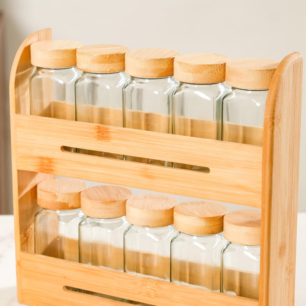 Set Of 10 Glass Jars With Wooden Storage Rack For Kitchen