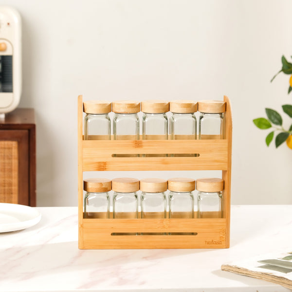 Set Of 10 Glass Jars With Wooden Storage Rack For Kitchen