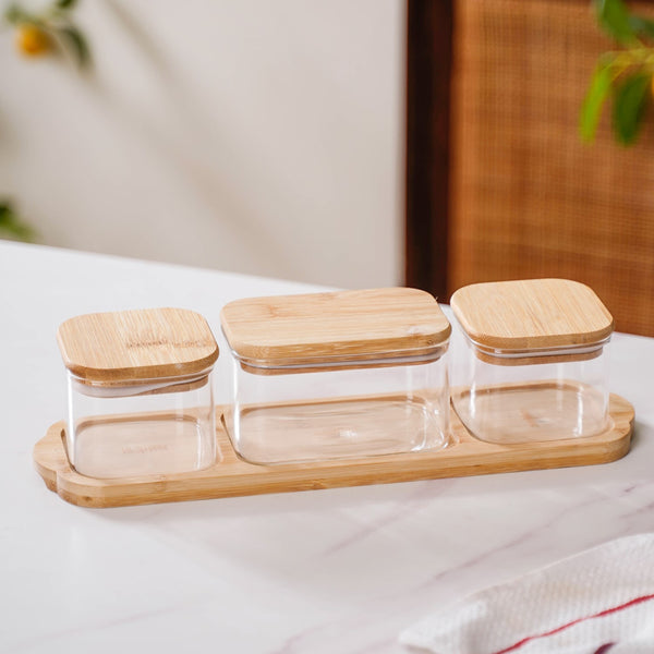 Set Of 3 Borosilicate Glass Snack Jars With Tray