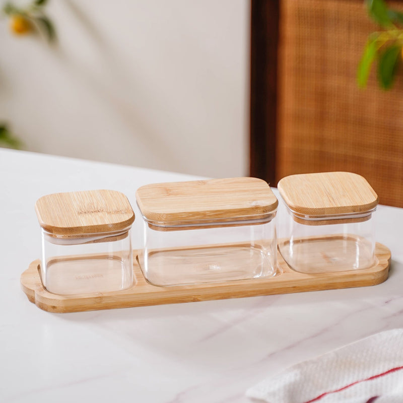 Set Of 3 Borosilicate Glass Spice Jars With Tray