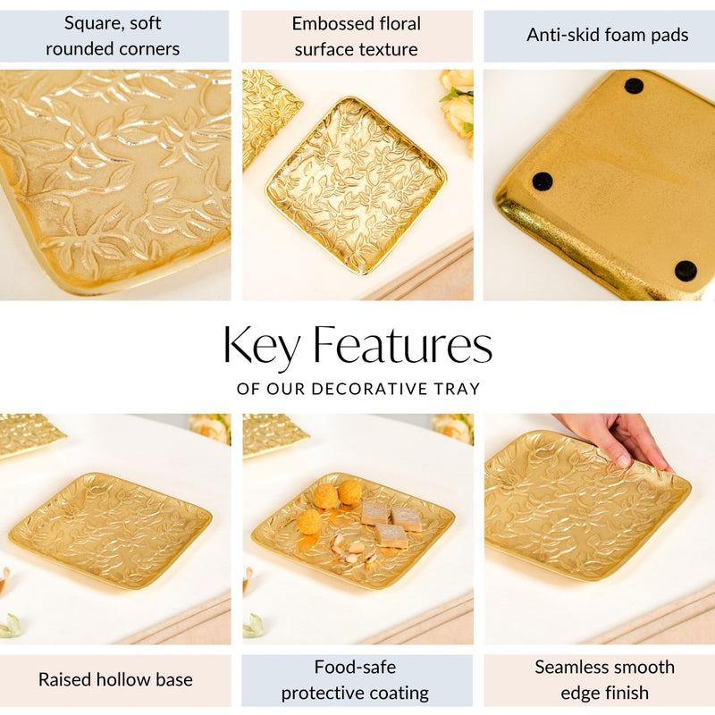 Square Crest Floral Metal Decorative Tray