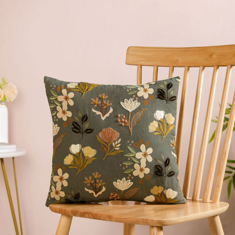 Olive Green Floral Embroidered Cotton Cushion Cover 40x40cm