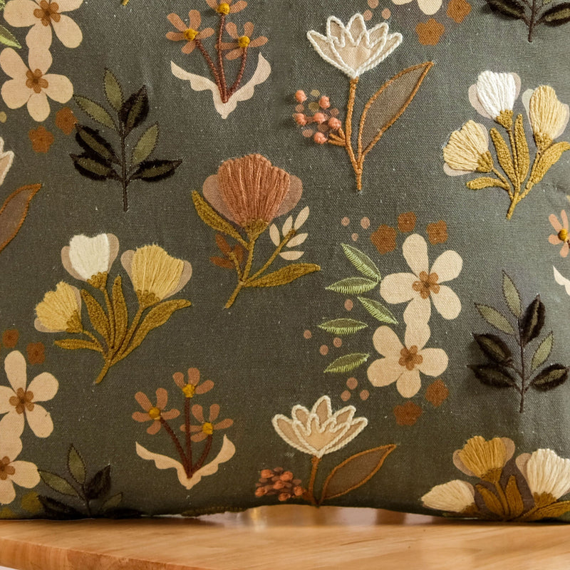 Olive Green Floral Embroidered Cotton Cushion Cover 40x40cm