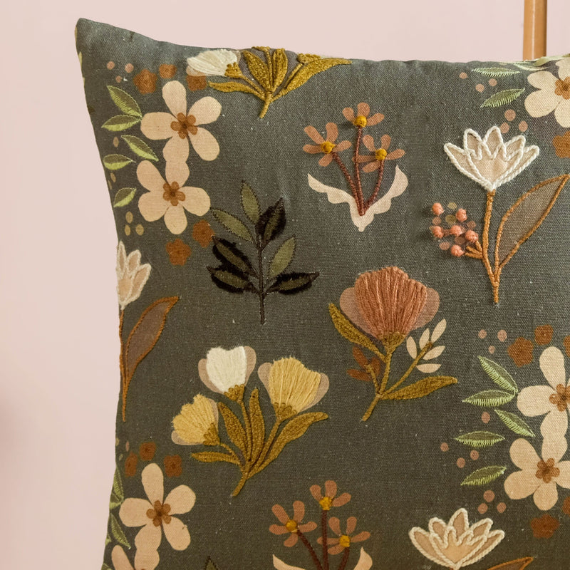 Olive Green Floral Embroidered Cotton Cushion Cover 40x40cm