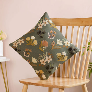 Olive Green Floral Embroidered Cotton Cushion Cover 40x40cm