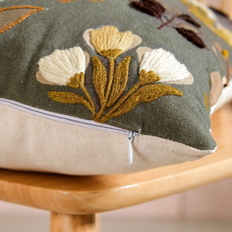 Olive Green Floral Embroidered Cotton Cushion Cover 40x40cm