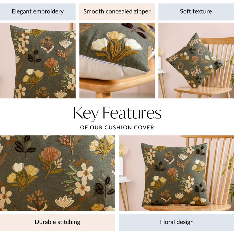 Olive Green Floral Embroidered Cotton Cushion Cover 40x40cm