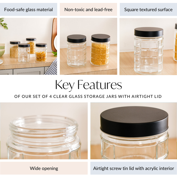 Glass Storage Jars With Airtight Lid Set Of 4 Checks 1350ml