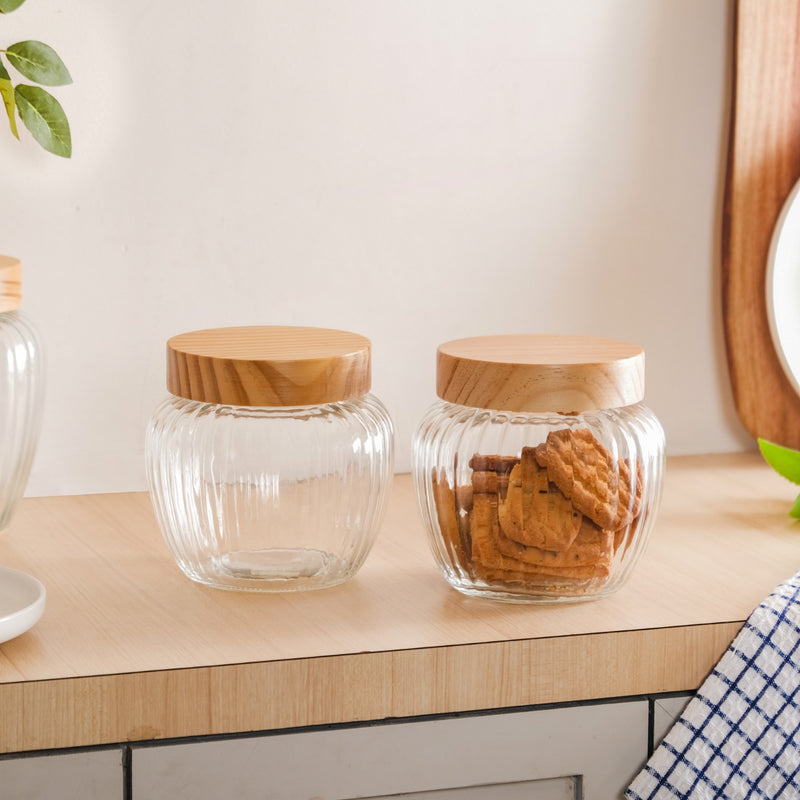 Set of 2 Ribbed Glass Jar With Lid 1600ml