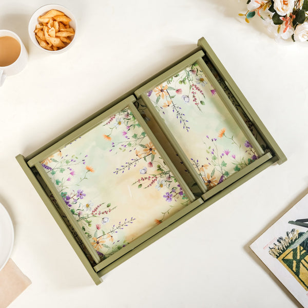 Valley Of Flowers Wooden Serving Tray Set Of 3