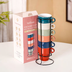 Stackable Cups Set of 6 Multicolour With Box 250ml - Tea cups, tea cup set, coffee cups, coffee cup set, ceramic cups, ceramic tea cups