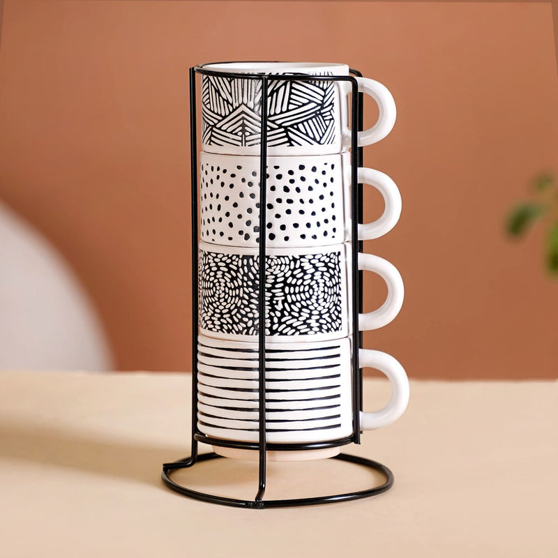Set Of 4 Stackable Ceramic Cups With Stand Black White 180ml - Tea cups, tea cup set, coffee cups, ceramic cups, ceramic tea cups, stackable mugs