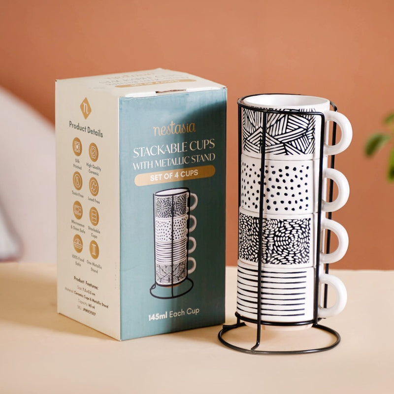Set Of 4 Stackable Ceramic Cups With Stand Black White 180ml - Tea cups, tea cup set, coffee cups, ceramic cups, ceramic tea cups, stackable mugs