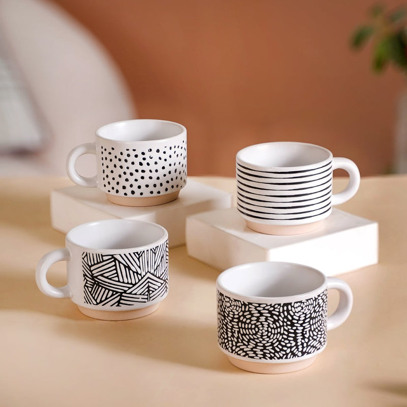 Set Of Stackable Ceramic Cups With Stand Black White 180ml