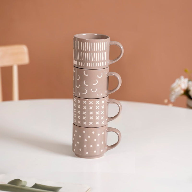 Quirky Beige Stackable Cups Set Of 4 220ml - Tea cups, tea cup set, coffee cups, coffee cup set, ceramic cups, ceramic tea cups