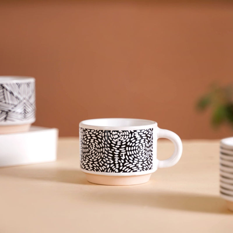 Set Of 4 Stackable Ceramic Cups With Stand Black White 180ml - Tea cups, tea cup set, coffee cups, ceramic cups, ceramic tea cups, stackable mugs