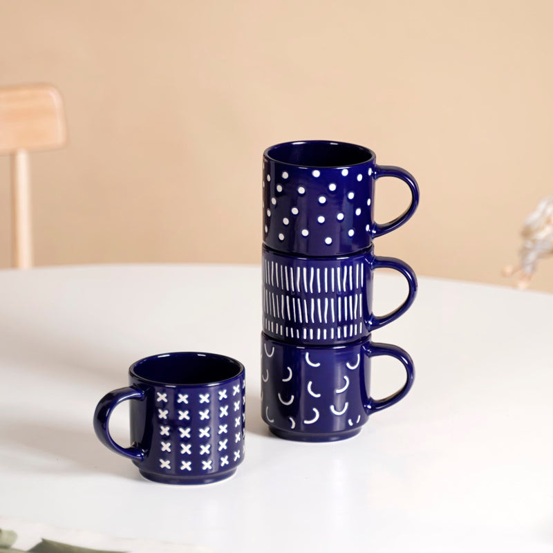 Navy Blue Chic Stackable Cups Set Of 4 220ml - Tea cups, tea cup set, coffee cups, coffee cup set, ceramic cups, ceramic tea cups
