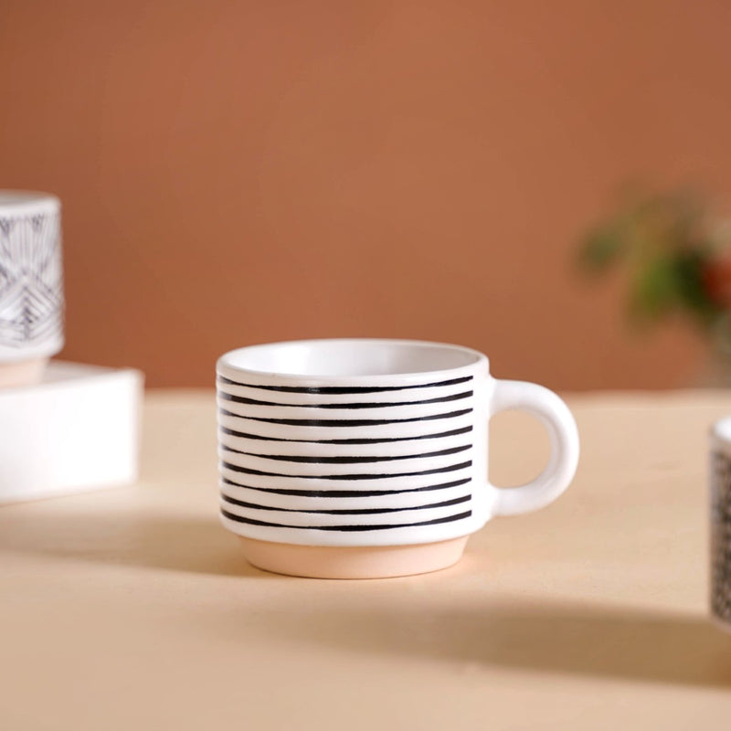 Set Of 4 Stackable Ceramic Cups With Stand Black White 180ml - Tea cups, tea cup set, coffee cups, ceramic cups, ceramic tea cups, stackable mugs