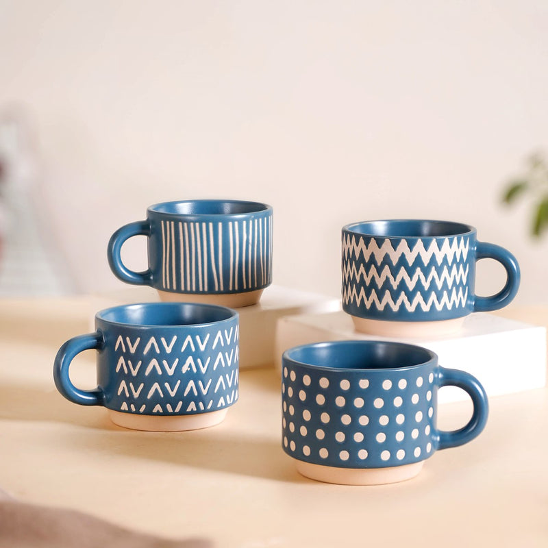 Eclectic Stackable Cups Set Of 4 With Stand Blue 180ml - Tea cups, tea cup set, coffee cups, coffee cup set, ceramic cups, ceramic tea cups