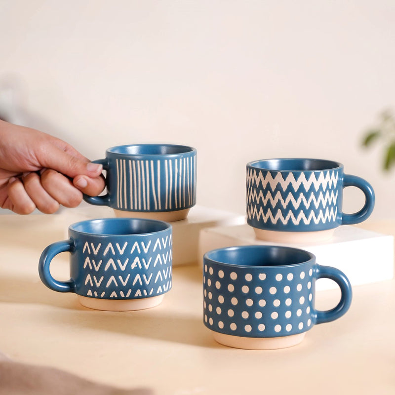 Eclectic Stackable Cups Set Of 4 With Stand Blue 180ml - Tea cups, tea cup set, coffee cups, coffee cup set, ceramic cups, ceramic tea cups
